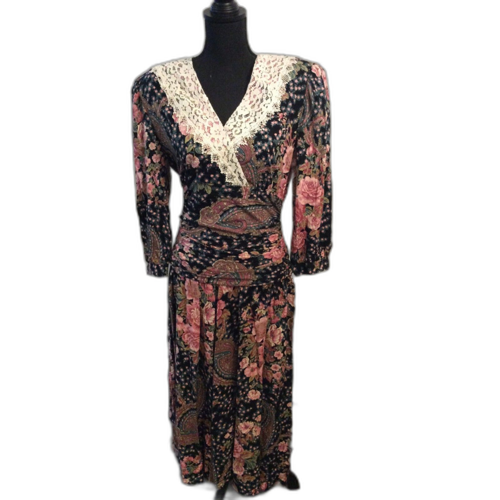 Vintage Dawn Joy Size 9/10 Floral Cottage Prairie V Neck Maxi lace Collar 90's